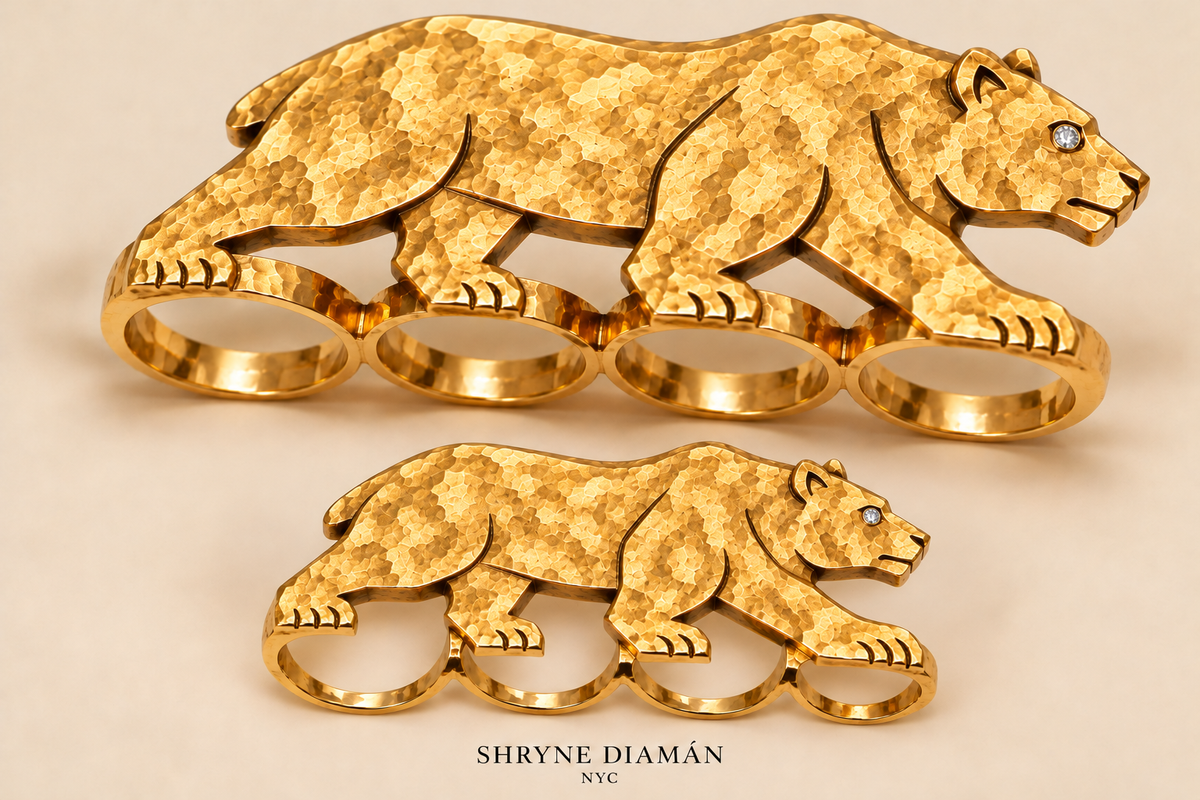Bear with Diamond 4 Finger Ring