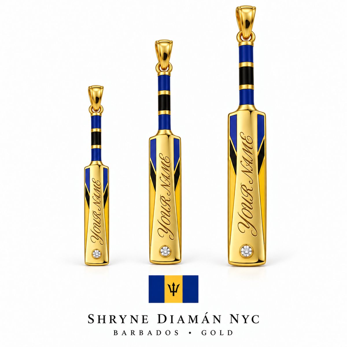 Barbados Personalized Cricket Bat With Enamel And Diamond