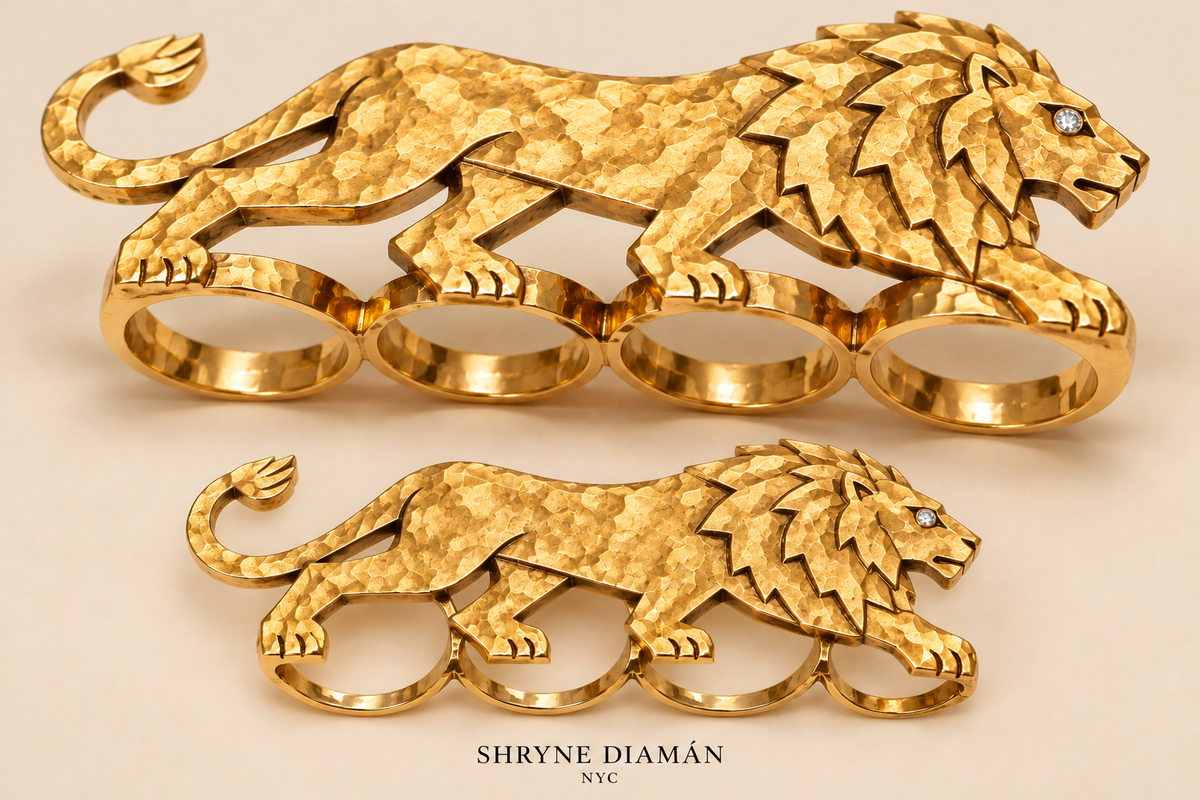 Lion with Diamond 4 Finger Ring